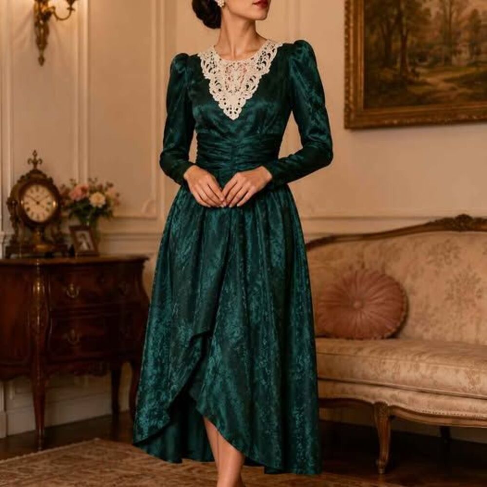 Vintage Emerald Green Satin Dress Size S Puff Sleeve Open Back Formal
